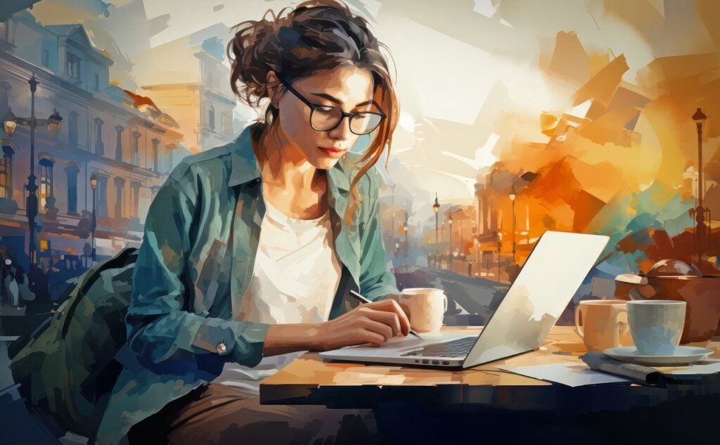 Animated woman works on a laptop on top of a wooden desk