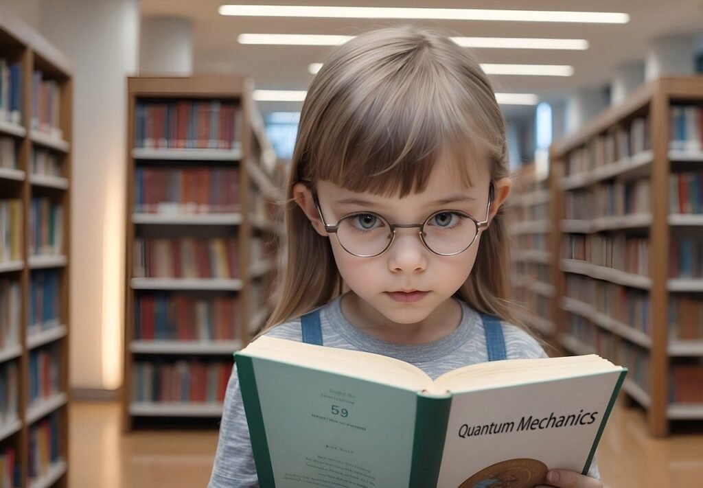 Young girl reading a book titled Quantum Mechanics