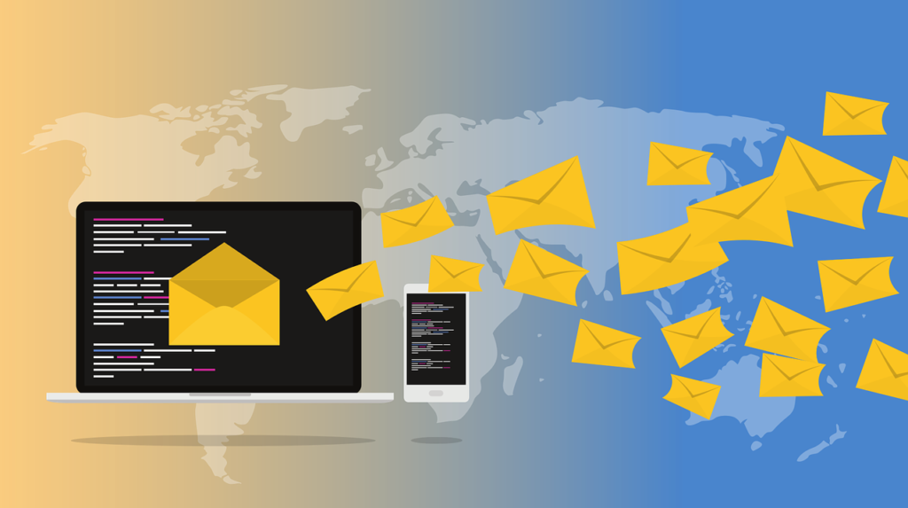 Animated computer generating yellow envelopes to simulate a mail marketing campaign