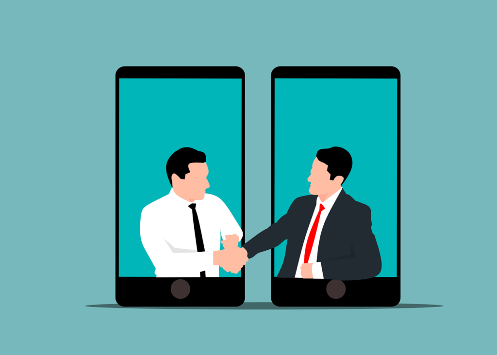 Animated, two men inside cell phones shake hands with each other