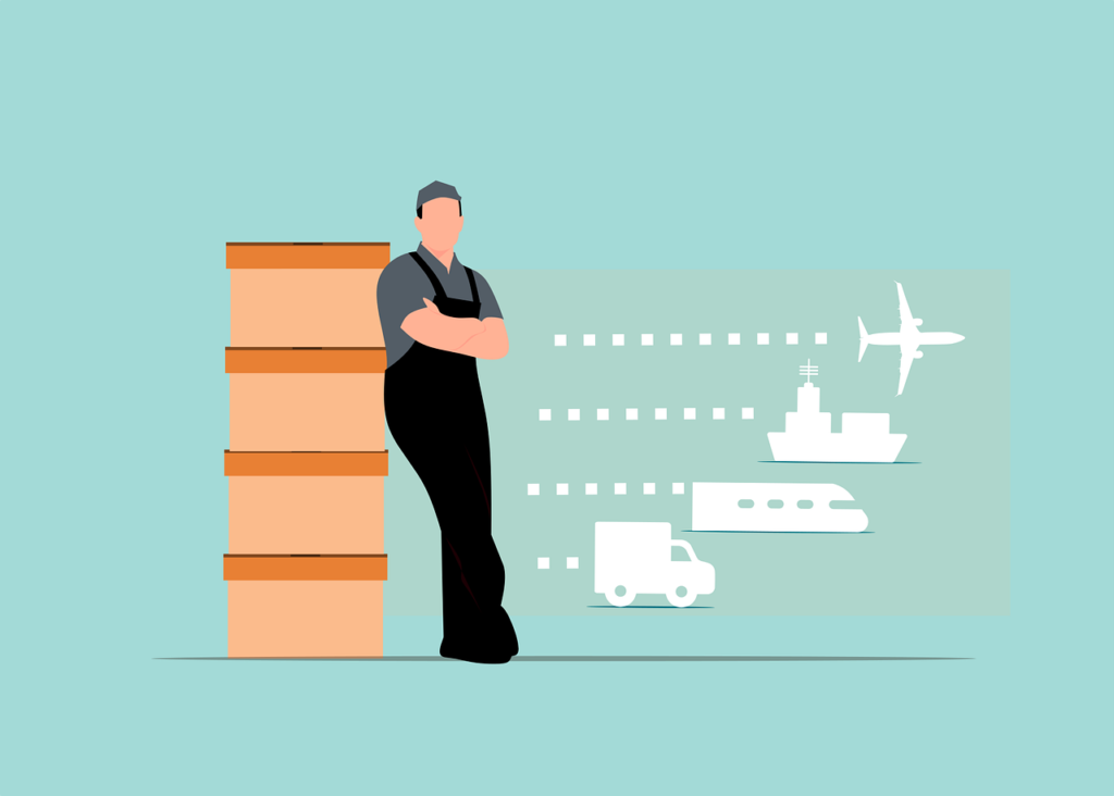 Animated man beneath various shipping types, boat, plane, and truck