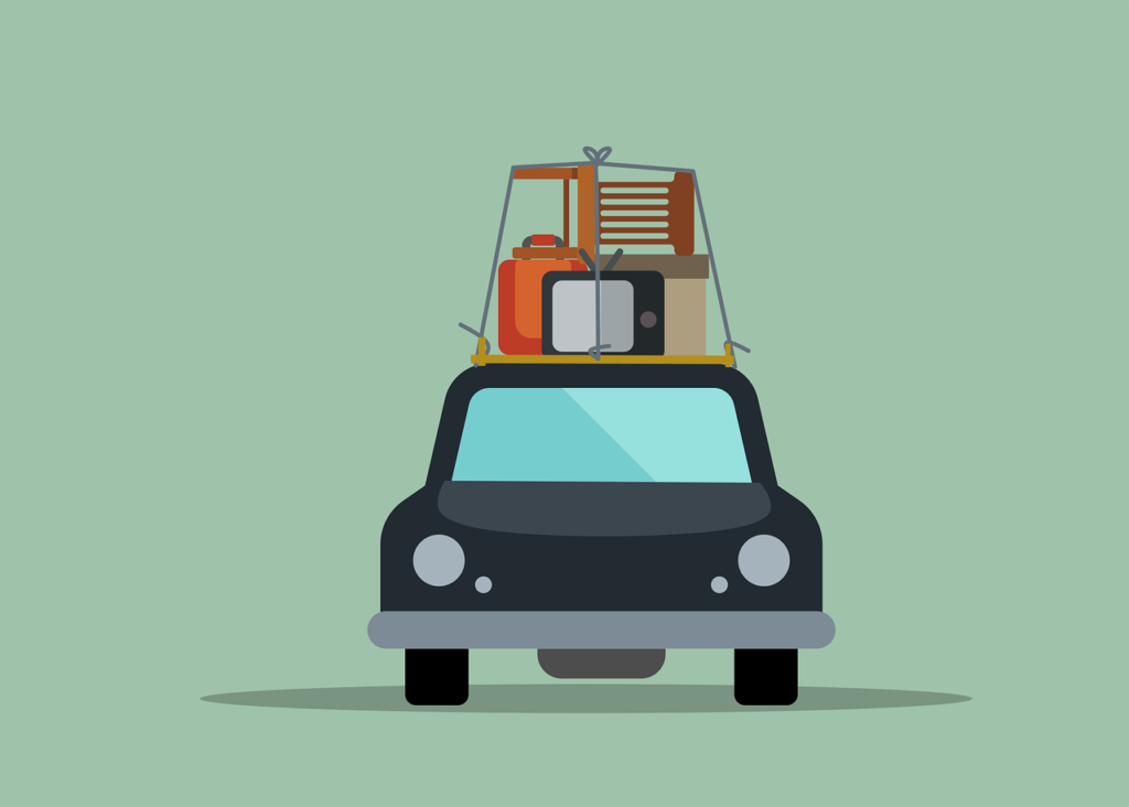 Animated car with many suitcases on the top