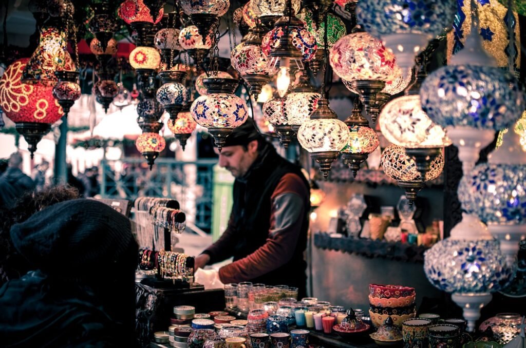 Shop selling multi-colored Turkish lamps