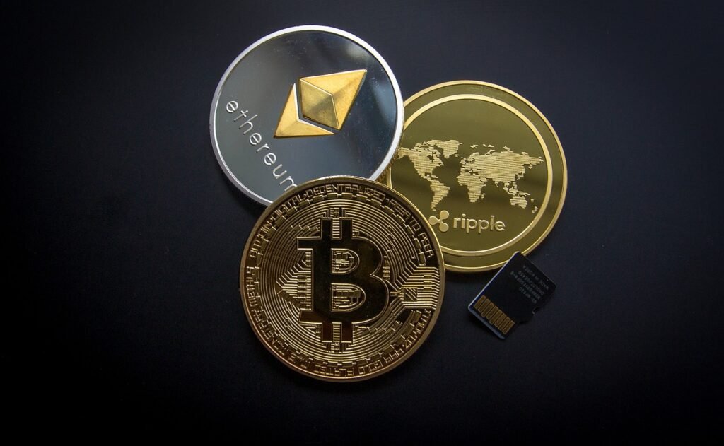 Closeup of 3 crypto coins