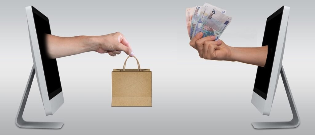 Closeup of someone swapping a gift bag for cash